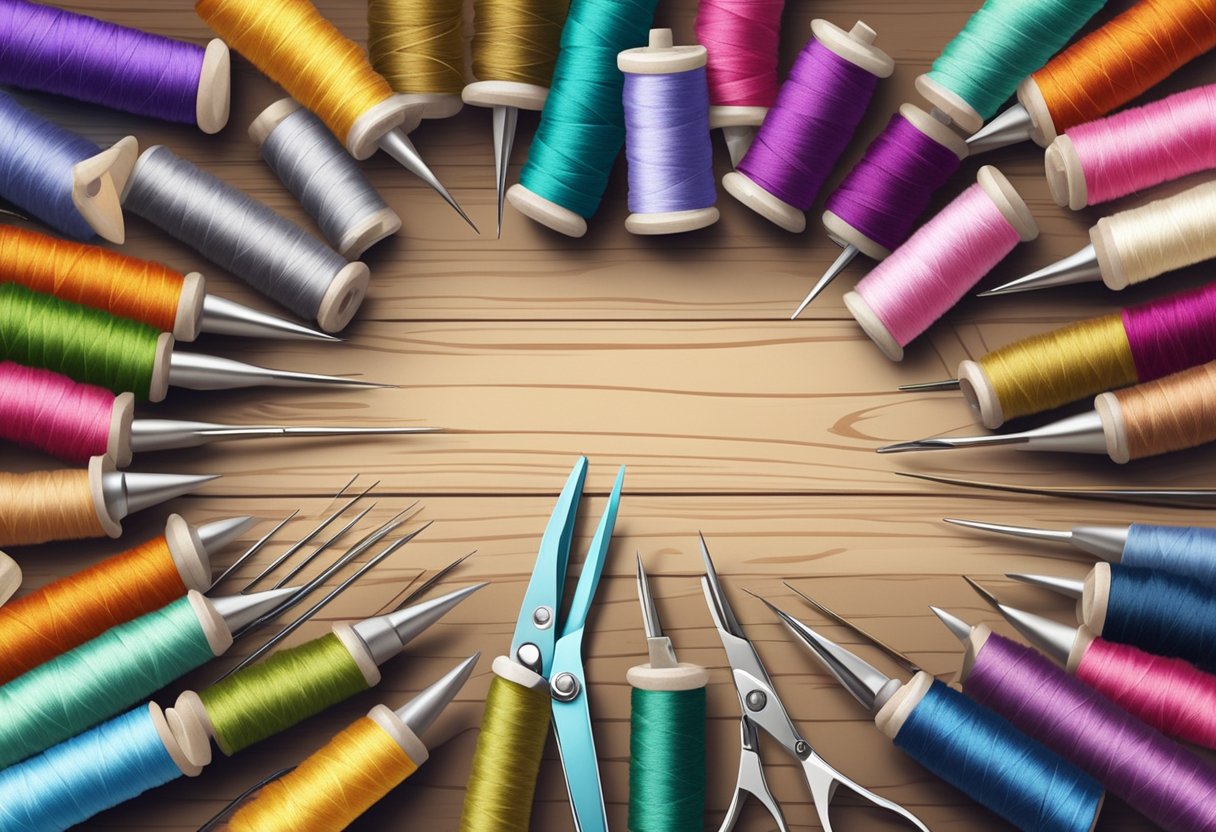 A table with various colorful embroidery thread spools neatly arranged in a kit, with a selection of needles and scissors nearby