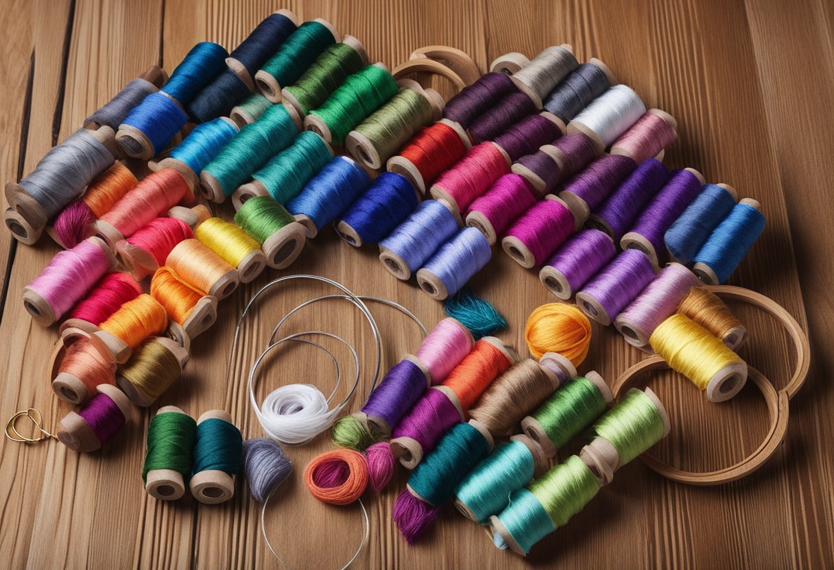 Vibrant embroidery thread kits arranged in a rainbow spectrum on a wooden table, with needles and hoops nearby