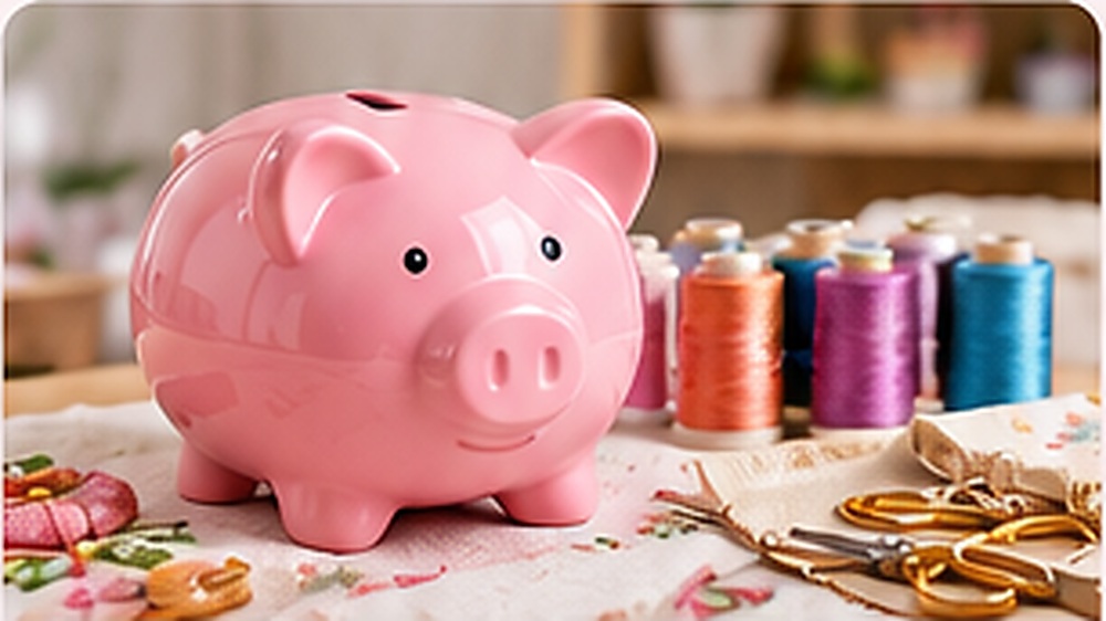 Affordable embroidery machines represented by a piggy bank and colorful embroidery thread