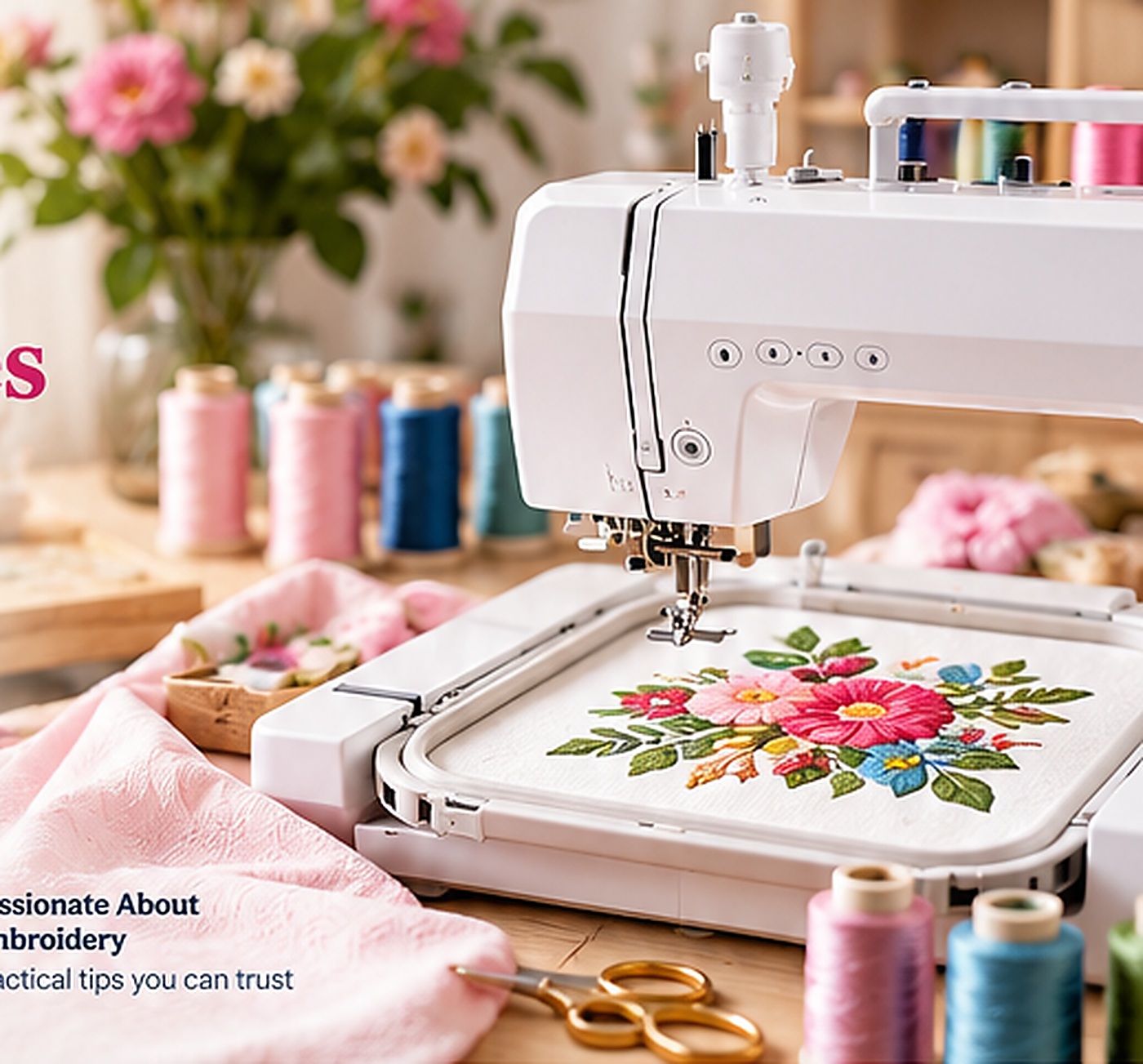 Embroidery machine creating a colorful floral design
